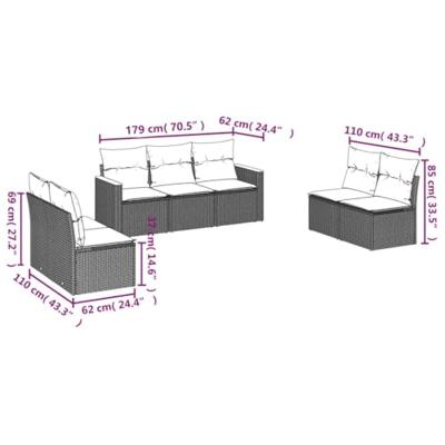 7-delige Loungeset met kussens poly rattan zwart