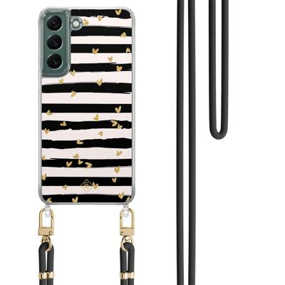 Samsung Galaxy S22 hoesje met zwart koord - Hart streepjes Samsung Galaxy S22 hoesje met zwart koord - Hart streepjes