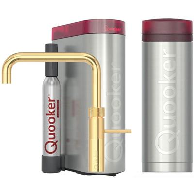 Quooker Fusion Square Keukenkraan Set - Kokend Warm- en Koud Water - Goud - Inclusief PRO3 Reservoir & CUBE - Direct Gekoeld Bruisend Water