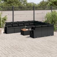 12-delige Loungeset met kussens poly rattan zwart - thumbnail