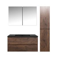 Badkamermeubel Set Callisto Diamond Hangend 100x50x48cm Walnoot Softclose Greeploos Kwartsteen Wastafel Zonder Kraangat Overloop met Spiegelkast en Badkamerkast - thumbnail