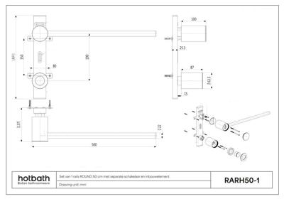 Hotbath &MORE set van 1 rails RARH 50 ROUND 50 cm met separate schakelaar en inbouw element Geborsteld Messing PVD (RARH50-1BBP)
