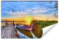 Fotobehang - Boot aan pier met zonsondergang , premium print, inclusief behanglijm - thumbnail