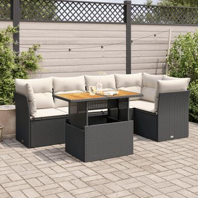 6-delige Loungeset met kussens poly rattan zwart