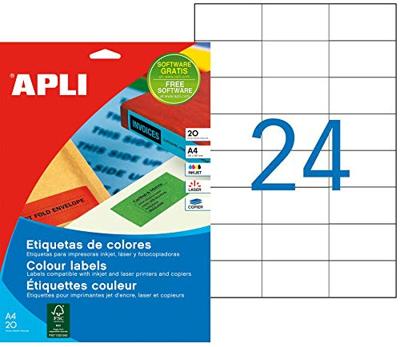 Apli gekleurde etiketten ft 70 x 37 mm (b x h), rood, 480 stuks, 24 per blad (1593) Apli gekleurde etiketten ft 70 x 37 mm (b x h), rood, 480 stuks, 24 per blad (1593)