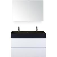 Maxx XL Badmeubelset 100 cm - Wit Hoogglans - Wastafel Kube Zwart 2 Kraangaten met Spiegelkast - thumbnail