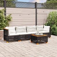5-delige Loungeset met kussens poly rattan zwart - thumbnail