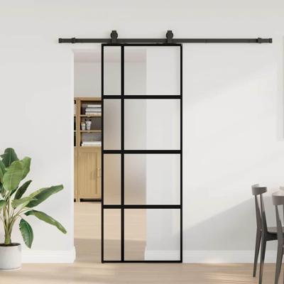 Schuifdeur met beslagset 76x205 cm gehard glas zwart