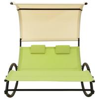 Ligbed tweepersoons met luifel textileen groen en crèmekleurig - thumbnail