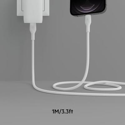Belkin BoostCharge Flex siliconen USB Type C/Lightning-kabel (1 m), MFi-gecertificeerde 20 W PD Power Delivery-snellaadkabel voor iPhone 14/14 Plus, 13, 12, Pro, Max, mini, SE, iPad en meer – Wit