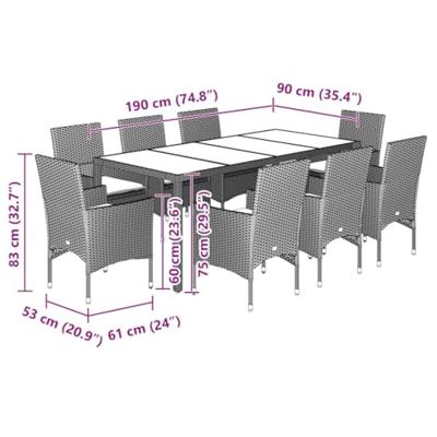 9-delige Tuinset met kussens poly rattan en glas zwart - thumbnail