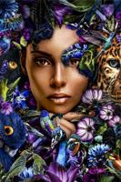 Foto Glas Art - Vrouw tussen dieren en planten blauw/paars,80x120cm, zwart/wit, prachtig voor in de woon en of slaapkamer, inclusief ophang materiaal. - thumbnail