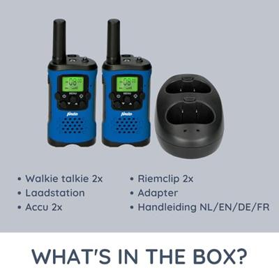 Walkie-Talkie Set | 2 Handsets | Tot 7 km | Frequentiekanalen: 8 | PTT / VOX | 24 uur stand-by | Inclusief oplaadbasis | Koptelefoonuitgang | Blauw / Zwart