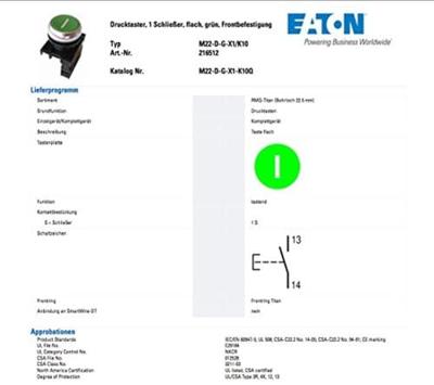 Eaton 216512 M22-D-G-X1/K10 Druktoets Kunststof frontring 1 stuk(s)