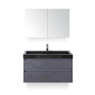 Dante Badmeubelset 100 cm - Beton Antraciet - Wastafel Hardsteen Wit Lucca - met Spiegelkast