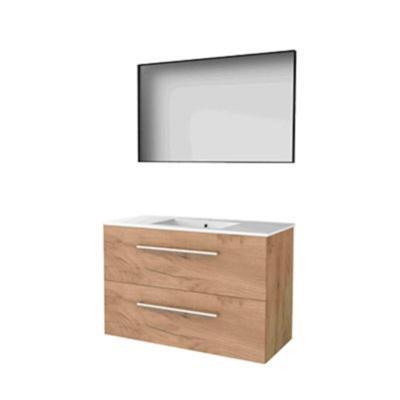 Basic-Line Framed 46 Badkamermeubelset - 100 x 46 cm - Met Grepen - 2 Lades - Keramische Wastafel - 1 Kraangat - Spiegel met Zwart Aluminium Frame - Whisky Oak