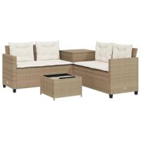 Tuinbank met tafel en kussens L-vormig poly rattan beige - thumbnail