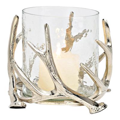 Windlicht gewei van metaal en glas, zilverkleurig (B/H/D) 20x17x20cm