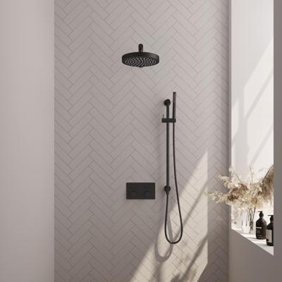 Brauer Stripe thermostatische inbouw regendouche met drukknoppen SET 31 met 25 cm douchekop en rechte muurarm en staaf handdouche en doucheslang en geintegreerde glijstang mat zwart