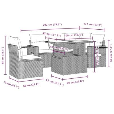 6-delige Loungeset met kussens poly rattan zwart