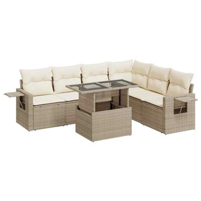 7-delige Loungeset met kussens poly rattan beige