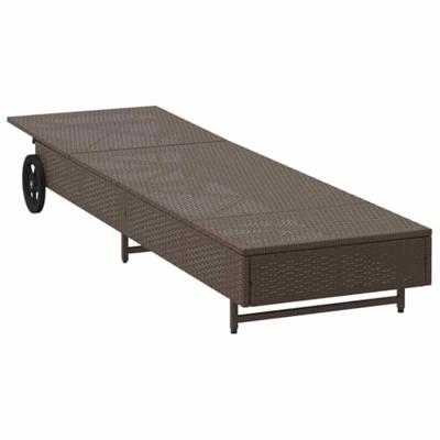 Ligbed met wielen en kussen poly rattan bruin