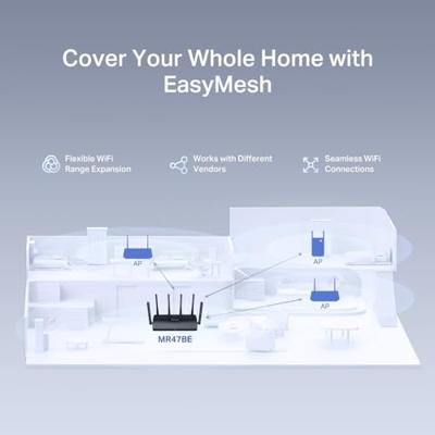 MERCUSYS TP-Link MR47BE WiFi 7 Tri-Band Router BE9300, 320 MHz, 4K-QAM, MLO, 4 poorten à 2,5 Gbit/s, band 6 GHz, Beamforming, EasyMesh, 6 antennes met hoge versterking, eenvoudige configuratie