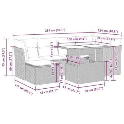 7-delige Loungeset met kussens poly rattan acacia grijs