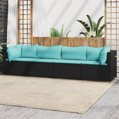 4-delige Loungeset met kussens poly rattan zwart