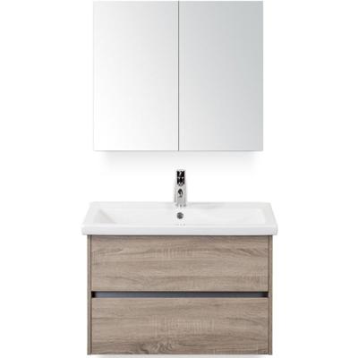 Como Badmeubelset 80 cm - Greeplijst in Kleur Grijs Eiken - Keramische Wastafel Wit met Spiegelkast