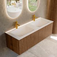 Mondiaz KURVE 130 cm Onderkast Greeploos 2 Lades Zonder Deuren Walnut, Wastafel Solid Surface Dubbel Talc 2 Kraangaten Zonder Spiegel (KRVCLO1302L0D2KD-Wal/Tal) - thumbnail
