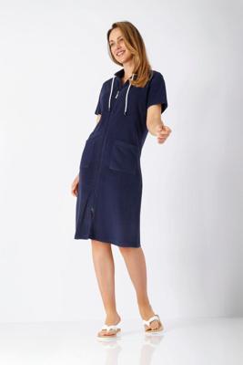 Donkerblauwe badstof Hajo dames badjas korte mouwen