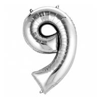 Basic Folie ballon nummer 9 63x86 cm zilver - thumbnail