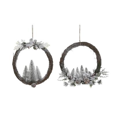 Kerstkroon DKD Home Decor Natuurlijk vlechtwerk ananas Besneeuwd 46 x 7 x 46 cm (2 Stuks)