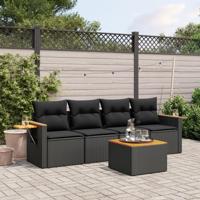 5-delige Loungeset met kussens poly rattan zwart - thumbnail