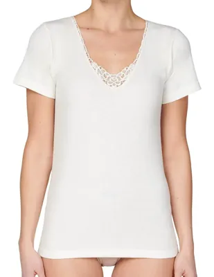 Entex dames thermo shirt korte mouw met kant - Wollen thermisch ondergoed dames