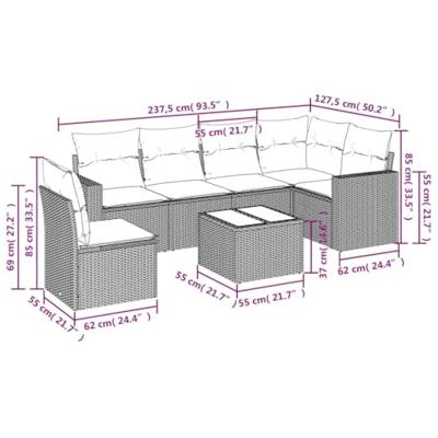 7-delige Loungeset met kussens poly rattan zwart