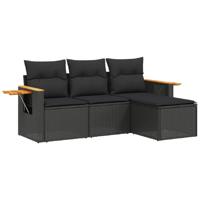 4-delige Loungeset met kussens poly rattan zwart - thumbnail