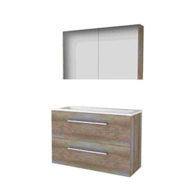 Basic-Line Comfort 39 Badkamermeubelset - Ondiep - 100 x 39 cm - Met Grepen - 2 Lades - Acryl Wastafel - 2 Kraangaten - Spiegelkast - Scotch Oak
