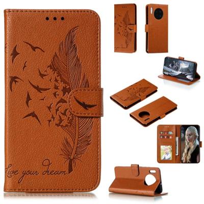 Voor Huawei mate 30 Feather patroon Litchi textuur horizontale Flip lederen draagtas met houder & portemonnee & kaartsleuven (bruin)