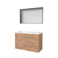 Basic-Line Framed 46 Badkamermeubelset - 100 x 46 cm - Met Grepen - 2 Lades - Acryl Wastafel - 2 Kraangaten - Spiegel met Zwart Aluminium Frame - Whisky Oak - thumbnail