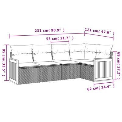 5-delige Loungeset met kussens poly rattan beige - thumbnail