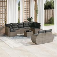 10-delige Loungeset met kussens poly rattan grijs - thumbnail