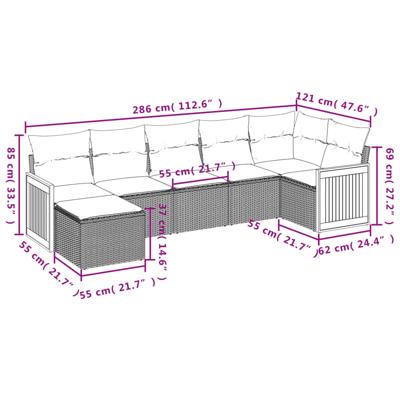 7-delige Loungeset met kussens poly rattan zwart