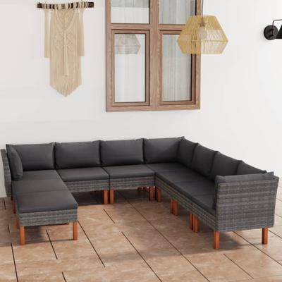 9-delige Loungeset met kussens poly rattan grijs