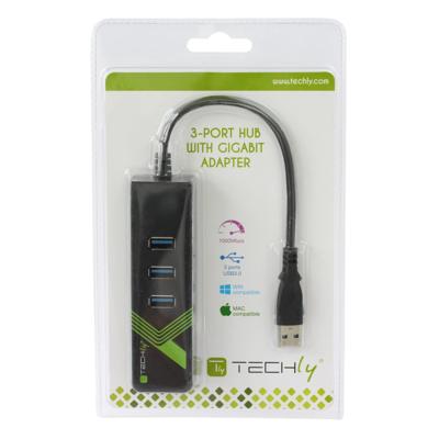 TECHLY 105803 Adapter voor USB 3.0 Gigabit Ethernet met hub 3 poorten zwart