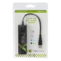 TECHLY 105803 Adapter voor USB 3.0 Gigabit Ethernet met hub 3 poorten zwart - thumbnail