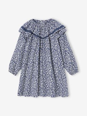 Meisjesjurk met bloemenprint en kraagje blauw, bedrukt