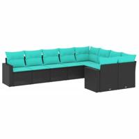 9-delige Loungeset met kussens poly rattan zwart - thumbnail