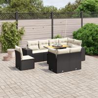 9-delige Loungeset met kussens poly rattan zwart - thumbnail